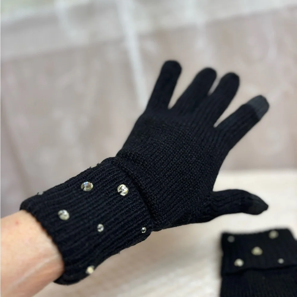 Michael Kors Black Knit Gem Gloves, Ladies